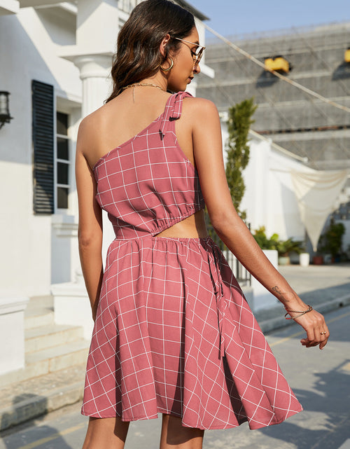 Load image into Gallery viewer, Grid One-Shoulder Tied Cutout Dress
