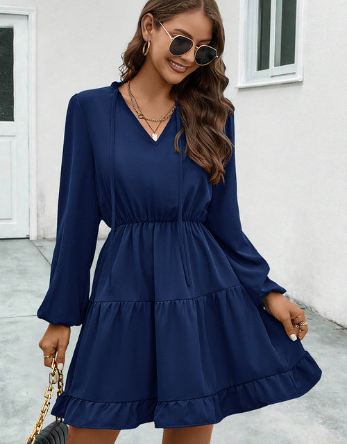 Load image into Gallery viewer, V-Neck Tie Neck Long Sleeve Dress
