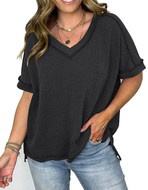 Load image into Gallery viewer, Cord Ribbed V-Neck Short Sleeve T-Shirt
