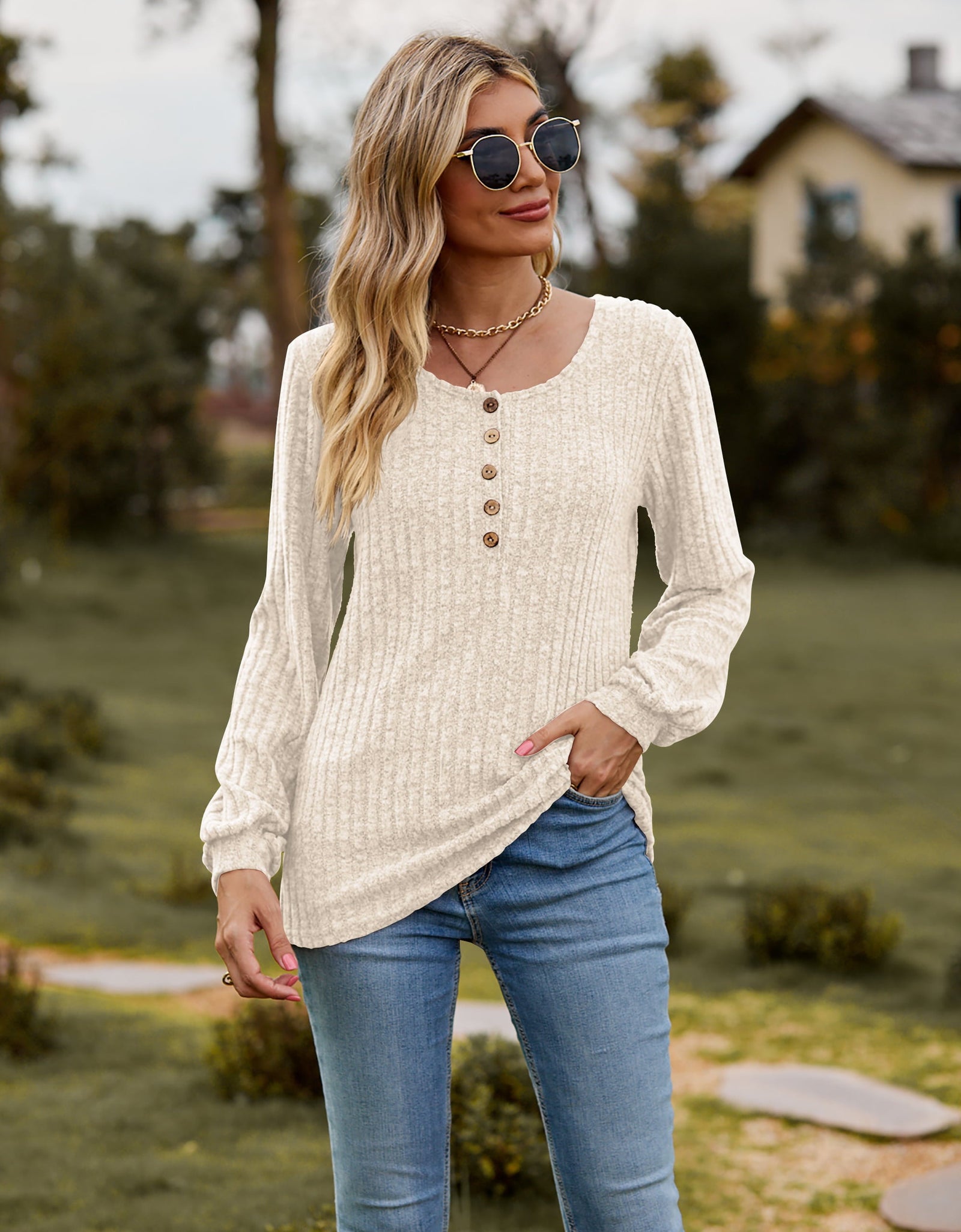 Round Neck Button-Down Long Sleeve Tee