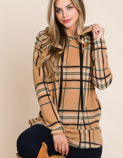 Load image into Gallery viewer, BOMBOM Drawstring Plaid Long Sleeve Hoodie
