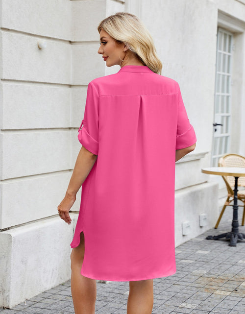 Load image into Gallery viewer, Notched Long Sleeve Mini Shirt Dress
