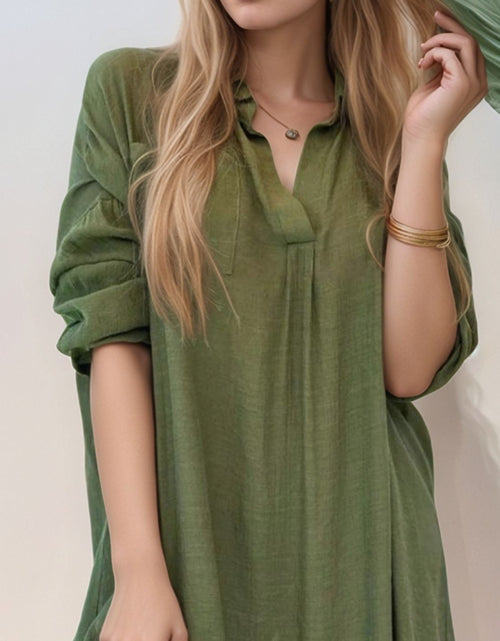 Load image into Gallery viewer, Full Size Side Slit Roll-Tab Sleeve Mini Shirt Dress Plus Size
