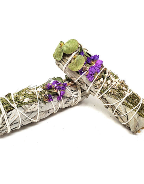 Load image into Gallery viewer, Home fragrance Floral Sage -White Sage, Eucalyptus, Purple Sinuata &amp; Lavender 4"- 1 piece by OMSutra
