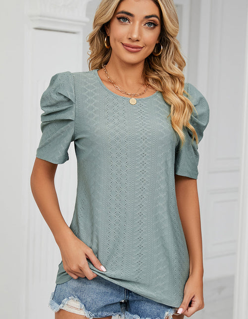 Load image into Gallery viewer, Eyelet Round Neck Puff Sleeve T-Shirt
