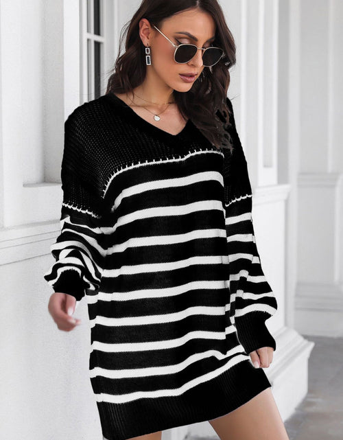 Load image into Gallery viewer, Striped V-Neck Drop Shulder Sweater Dress
