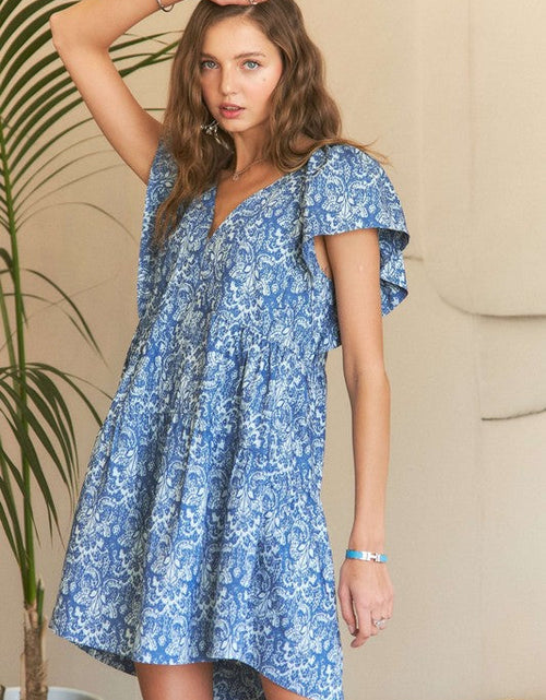 Load image into Gallery viewer, ADORA Printed V-Neck Ruffle Sleeve Mini Dress
