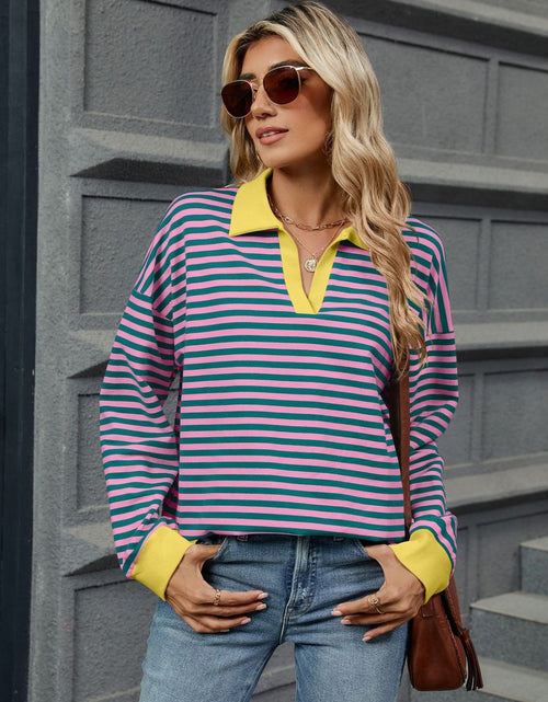 Load image into Gallery viewer, Striped Johnny Collar Long Sleeve Sweatshirt
