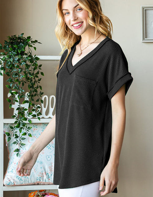 Load image into Gallery viewer, Heimish Full Size Front Pocket Short Sleeve Ribbed Top
