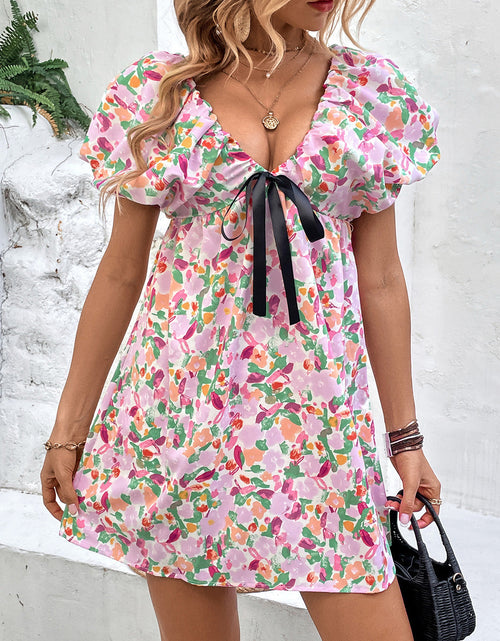 Load image into Gallery viewer, Perfee Printed V-Neck Puff Sleeve Mini Dress
