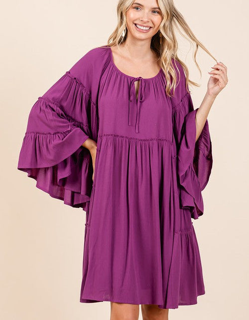 Load image into Gallery viewer, Mittoshop Frill Tie Neck Bell Sleeve Dress
