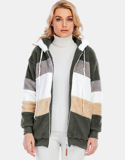 Load image into Gallery viewer, Full Size Drawstring Color Block Zip Up Hooded Outerwear
