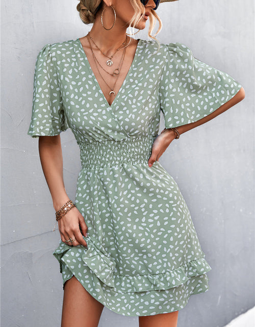 Load image into Gallery viewer, Printed Smocked Waist Layered Surplice Dress
