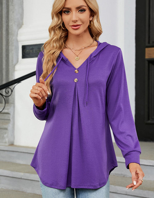 Load image into Gallery viewer, Decorative Button Drawstring Long Sleeve Hoodie
