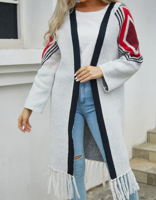 Load image into Gallery viewer, Angel Wings Geometric Fringe Hem Open Front Duster Cardigan
