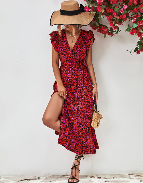 Load image into Gallery viewer, Printed Surplice Neck Flutter Sleeve Slit Dress
