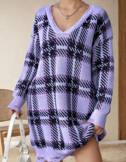 Load image into Gallery viewer, Distressed Plaid V-Neck Long Sleeve Sweater Dress
