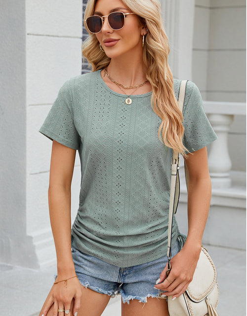 Load image into Gallery viewer, Eyelet Round Neck Short Sleeve T-Shirt
