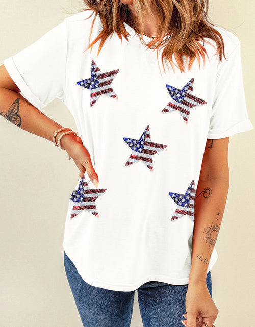 Load image into Gallery viewer, Sequin Star Round Neck Short Sleeve T-Shirt

