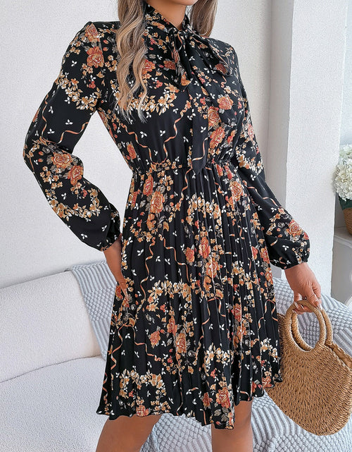 Load image into Gallery viewer, Pleated Printed Tie Neck Long Sleeve Dress
