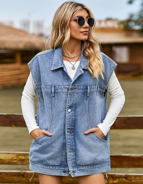 Load image into Gallery viewer, Button Up Collared Neck Sleeveless Denim Jacket
