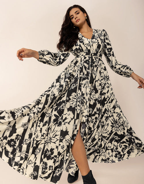 Load image into Gallery viewer, Tied Printed V-Neck Long Sleeve Midi Dress
