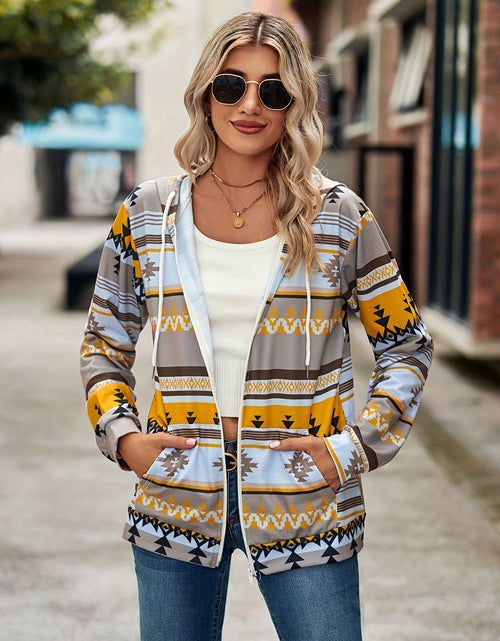 Load image into Gallery viewer, Geometric Zip Up Long Sleeve Hooded Jacket
