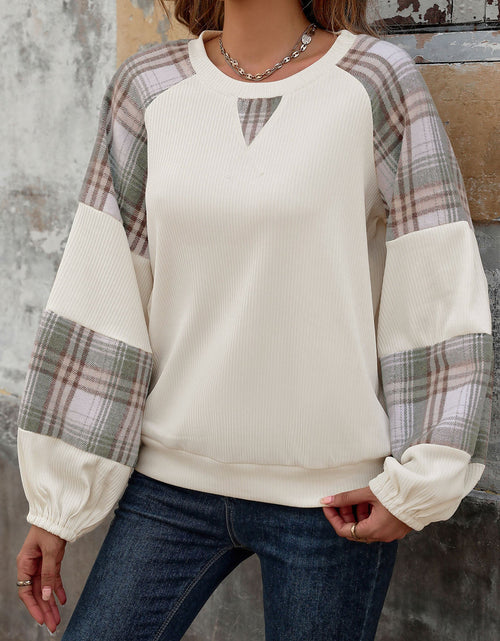 Load image into Gallery viewer, Perfee Plaid Round Neck Long Sleeve Sweatshirt
