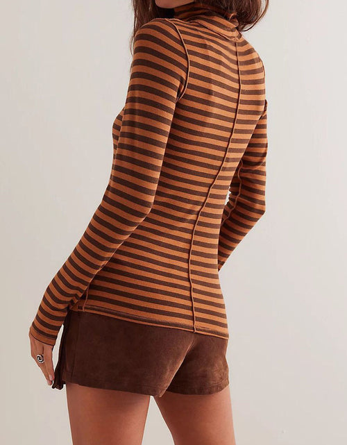 Load image into Gallery viewer, Exposed Seam Striped Turtleneck Long Sleeve T-Shirt
