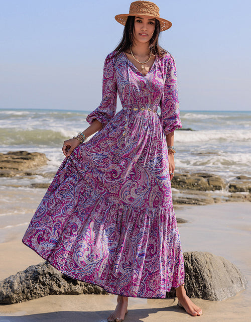 Load image into Gallery viewer, Printed Tie Neck Balloon Sleeve Maxi Dress
