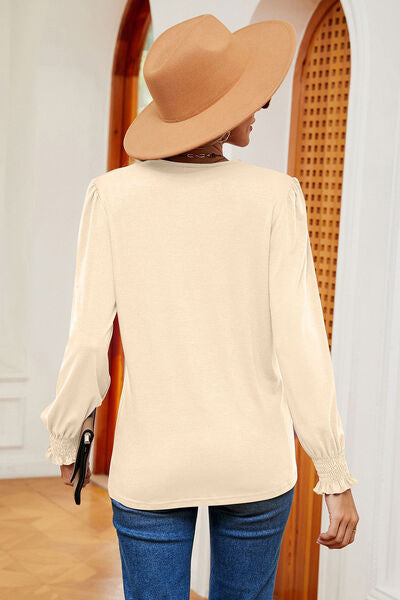 Load image into Gallery viewer, Lace Detail V-Neck Lantern Sleeve T-Shirt
