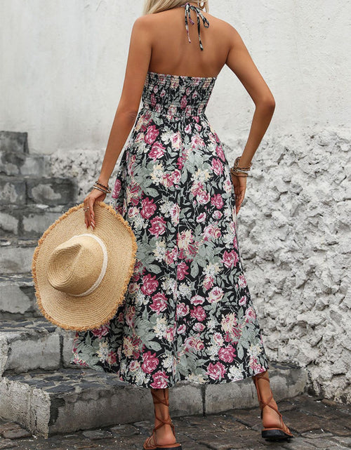 Load image into Gallery viewer, Perfee Smocked Printed Halter Neck Midi Dress
