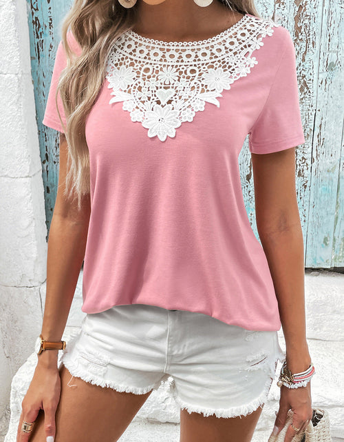 Load image into Gallery viewer, Ivy Lane Spliced Lace Contrast Short Sleeve Top
