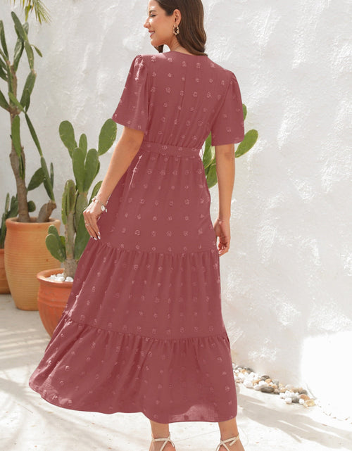 Load image into Gallery viewer, Swiss Dot Tied Surplice Short Sleeve Dress
