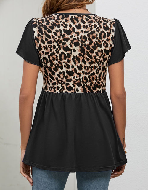 Load image into Gallery viewer, Leopard Round Neck Flutter Sleeve Babydoll Blouse
