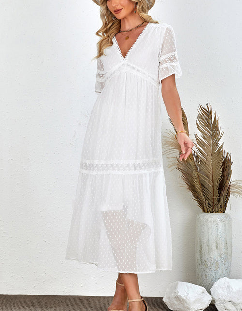 Load image into Gallery viewer, Swiss Dot V-Neck Short Sleeve Midi Dress
