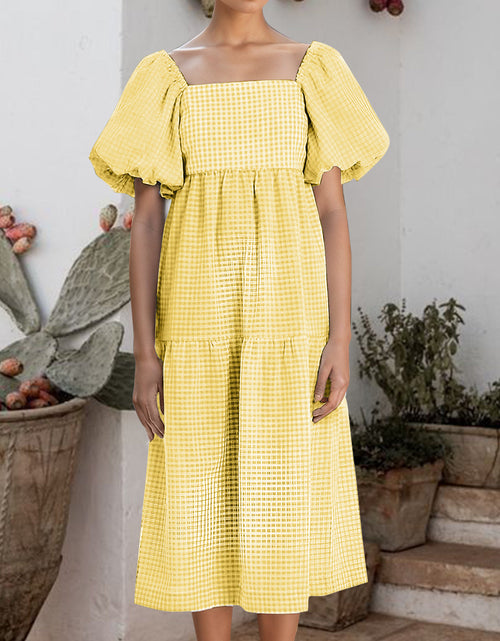 Load image into Gallery viewer, Plaid Square Neck Short Sleeve Dress
