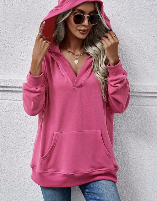 Load image into Gallery viewer, V-Neck Drop Shoulder Long Sleeve Hoodie
