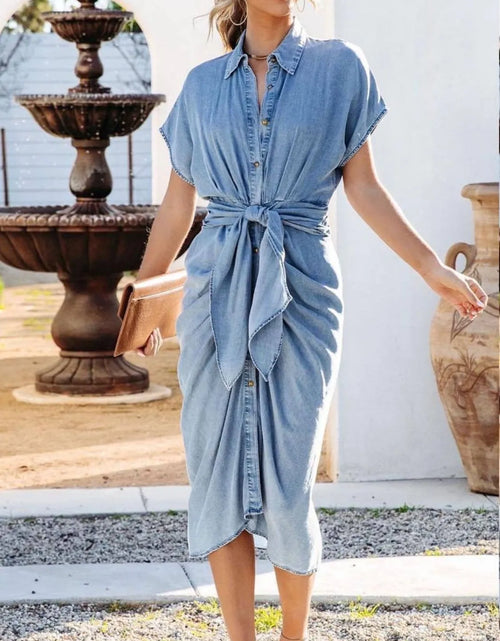 Load image into Gallery viewer, Collared Neck Tie Waist Short Sleeve Denim Dress
