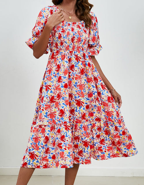 Load image into Gallery viewer, Smocked Floral Square Neck Short Sleeve Dress
