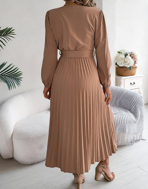 Load image into Gallery viewer, Pleated Tied V-Neck Long Sleeve Dress
