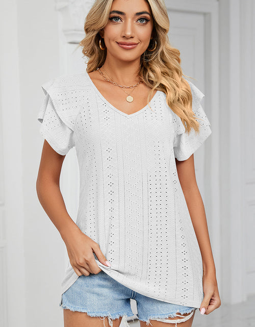 Load image into Gallery viewer, Eyelet V-Neck Short Sleeve T-Shirt
