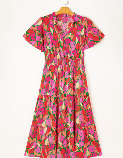 Load image into Gallery viewer, Frill Printed Notched Short Sleeve Midi Dress
