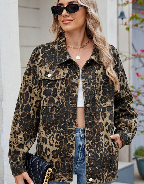 Load image into Gallery viewer, Pocketed Leopard Long Sleeve Denim Jacket
