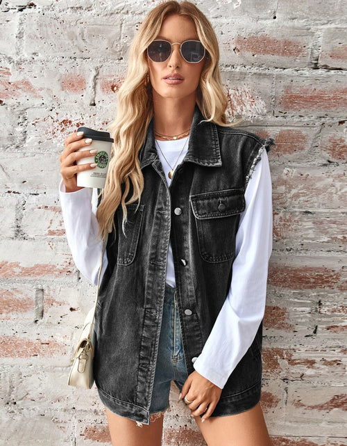 Load image into Gallery viewer, Raw Hem Sleeveless Button Up Denim Jacket
