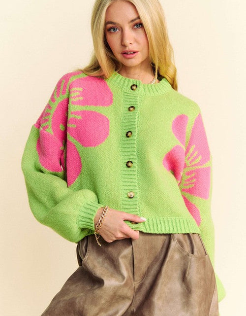 Load image into Gallery viewer, Davi &amp; Dani Flower Contrast Round Neck Long Sleeve Cardigan
