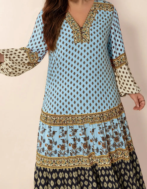 Load image into Gallery viewer, Plus Size Printed V-Neck Balloon Sleeve Maxi Dress
