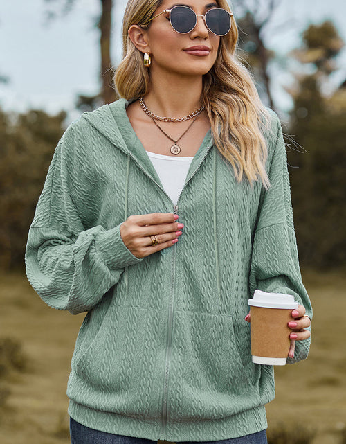 Load image into Gallery viewer, Drawstring Zip Up Dropped Shoulder Hoodie
