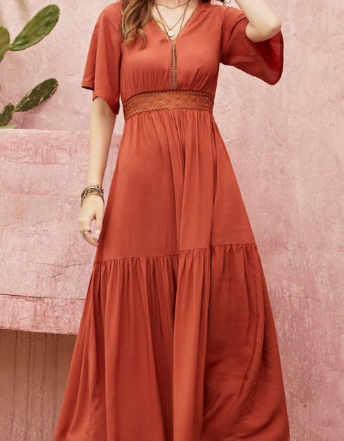Load image into Gallery viewer, Lace Detail V-Neck Half Sleeve Midi Dress
