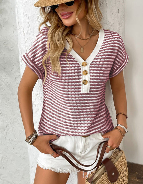 Load image into Gallery viewer, Striped V-Neck Short Sleeve T-Shirt
